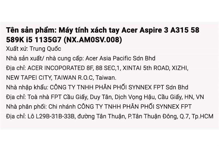 Laptop Acer Aspire 3 A315 58 589K i5 1135G7/8GB/256GB/Win11 (NX.AM0SV.008) Màu Vàng