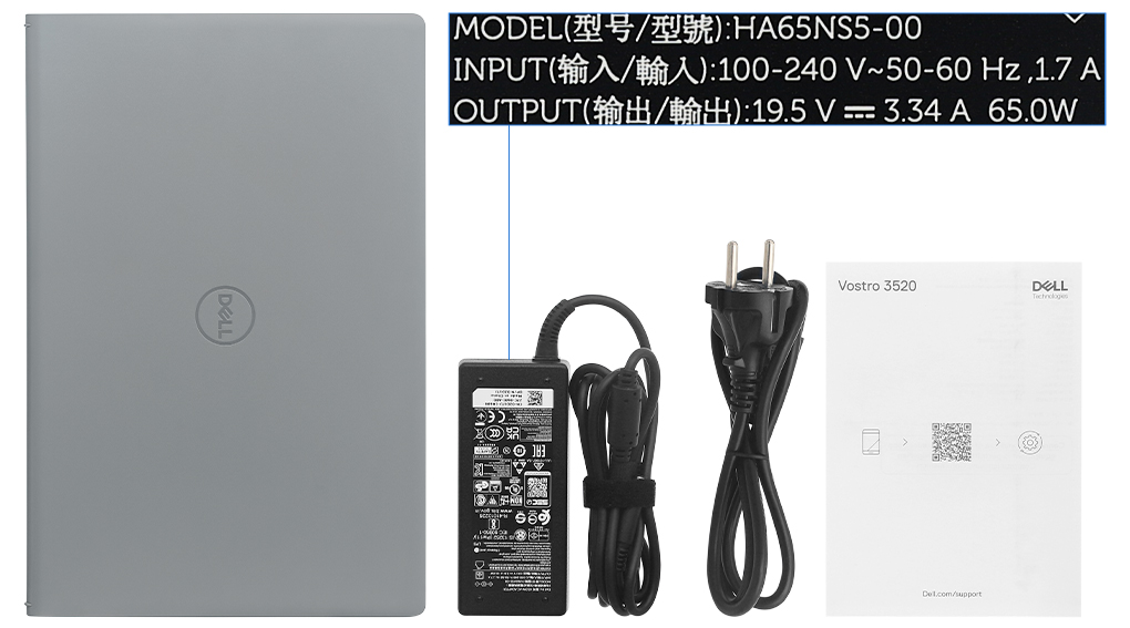 Bộ sản phẩm gồm: Thùng máy, Sạc Laptop Dell ( 65W ), Sách hướng dẫn