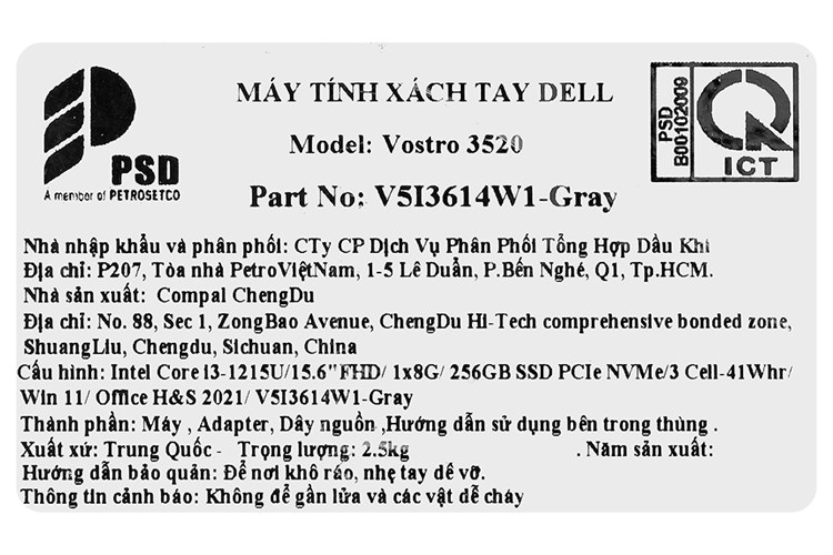 Laptop Dell Vostro 15 3520 i3 1215U/8GB/256GB/OfficeHS/Win11 (V5I3614W1) Màu Xám