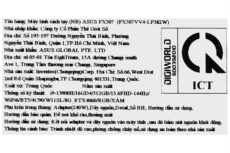 Laptop Asus TUF Gaming F15 FX507VV4 i9 13900H/16GB/512GB/8GB RTX4060/144Hz/Win11 (LP382W) Màu Xám