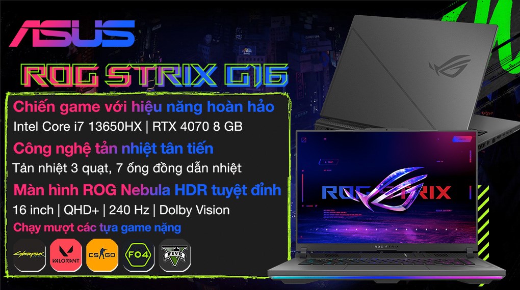 Laptop Asus Gaming ROG Strix G16 G614JI i7 13650HX/16GB/1TB/8GB RTX4070/240Hz/Balo/Win11 (N4084W) hover