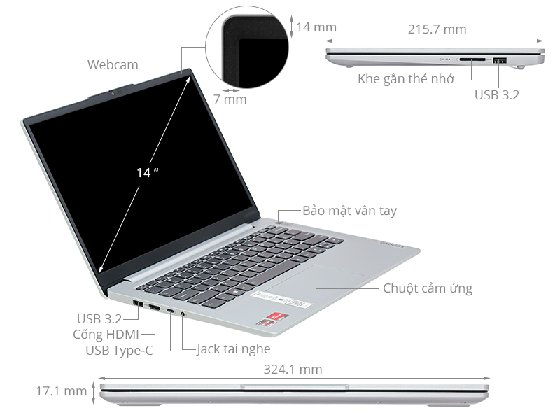 Laptop Lenovo IdeaPad Slim 5 Light 14ABR8 R5 (82XS002KVN) - Chính