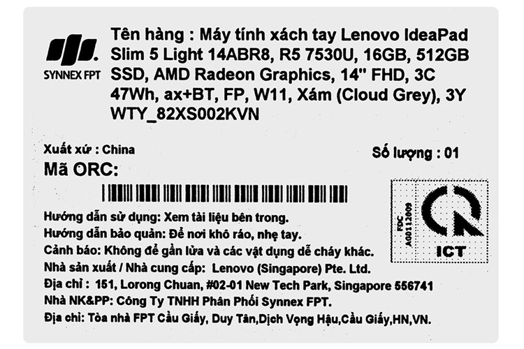 Laptop Lenovo IdeaPad Slim 5 Light 14ABR8 R5 7530U/16GB/512GB/Win11 (82XS002KVN) Màu Xám