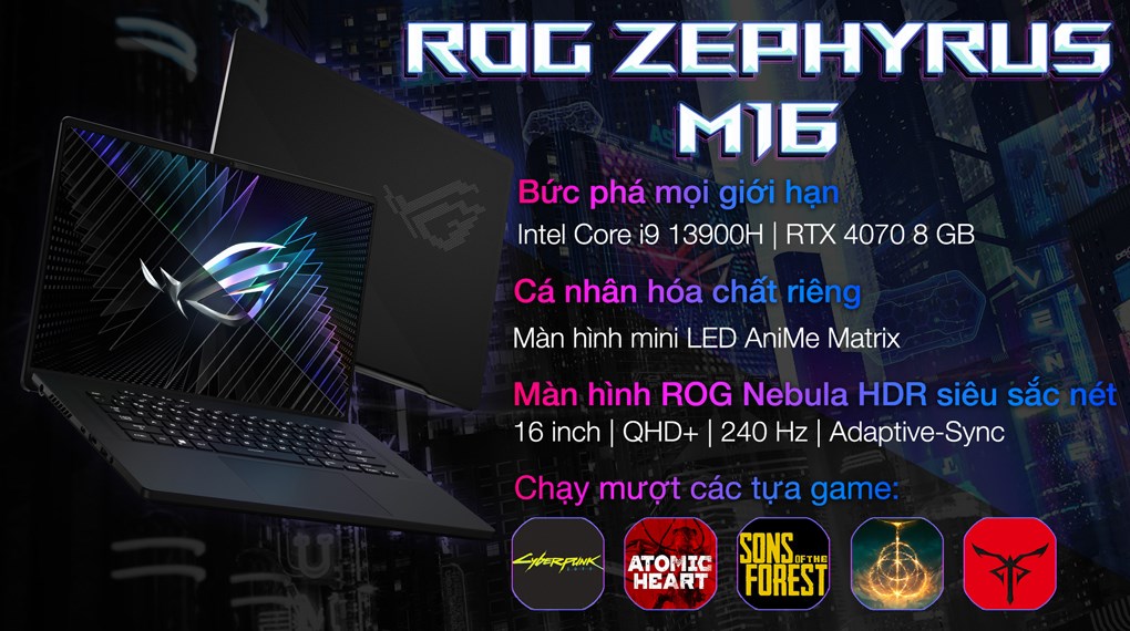 Laptop Asus Gaming ROG Zephyrus M16 GU604VI i9 13900H/32GB/1TB/8GB RTX4070/240Hz/Balo/Win11 (NM779W)