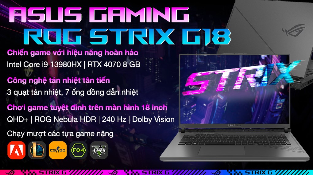 Laptop Asus Gaming ROG Strix G18 G814JI i9 13980HX/32GB/1TB/8GB RTX4070/240Hz/Balo/Win11 (N6063W) hover