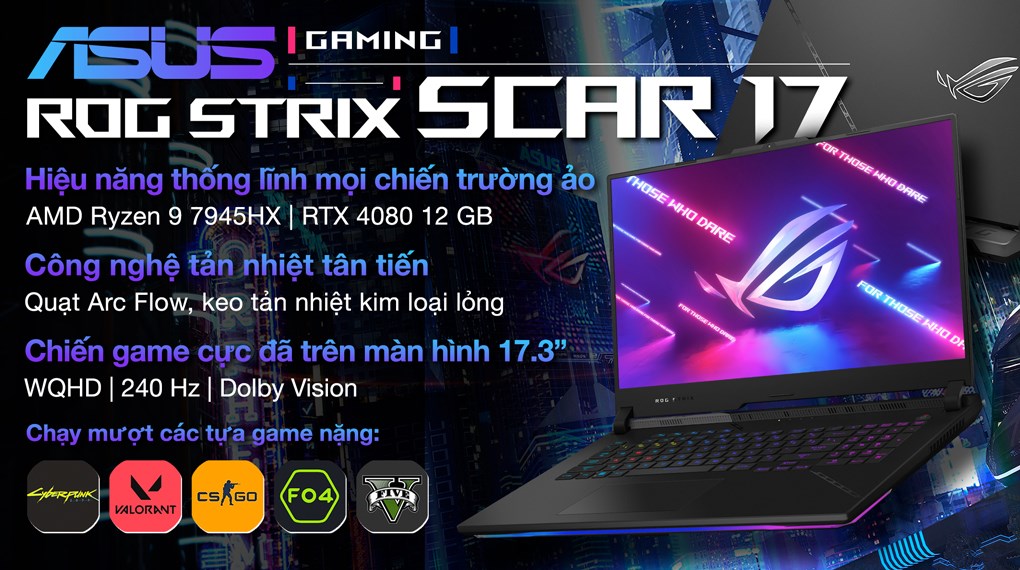 Laptop Asus Gaming ROG Strix SCAR 17 G733PZ R9 7945HX/32GB/1TB/12GB RTX4080/240Hz/Balo/Chuột/Win11 (LL980W) hover
