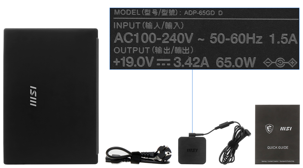 Bộ sản phẩm gồm: Sách hướng dẫn, Thùng máy, Sạc Laptop MSI