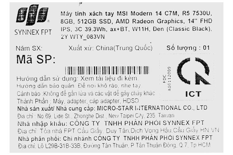 Laptop MSI Modern 14 C7M R5 7530U/8GB/512GB/Win11 (083VN) Màu Đen