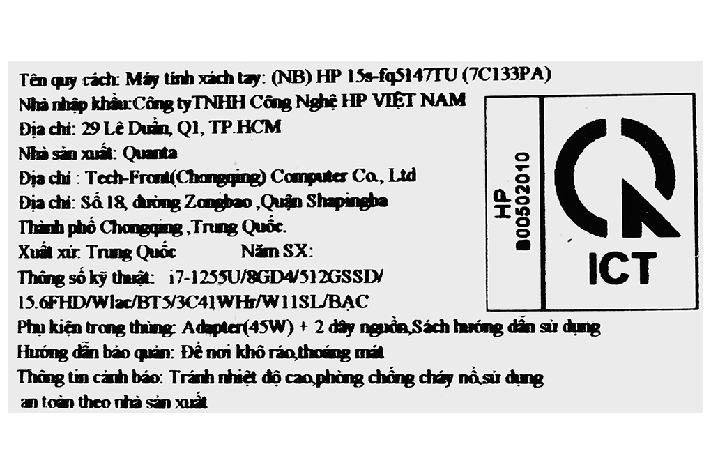 Laptop HP 15s fq5147TU i7 1255U/8GB/512GB/Win11 (7C133PA) Màu Bạc
