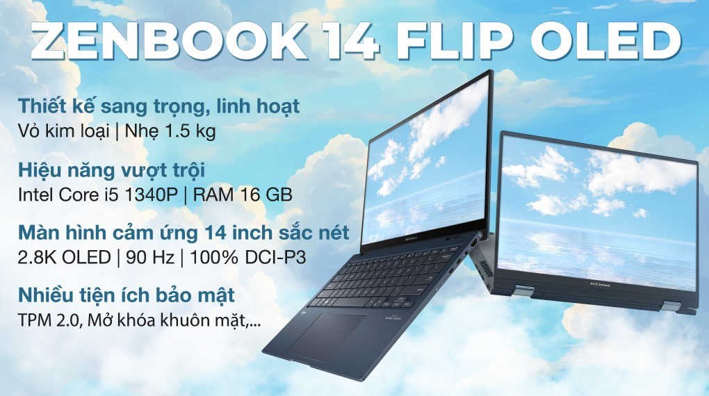 Laptop Asus Zenbook 14 Flip OLED UP3404VA i5 1340P/16GB/512GB/Touch/Pen/Cáp/Túi/Win11 (KN038W) hover