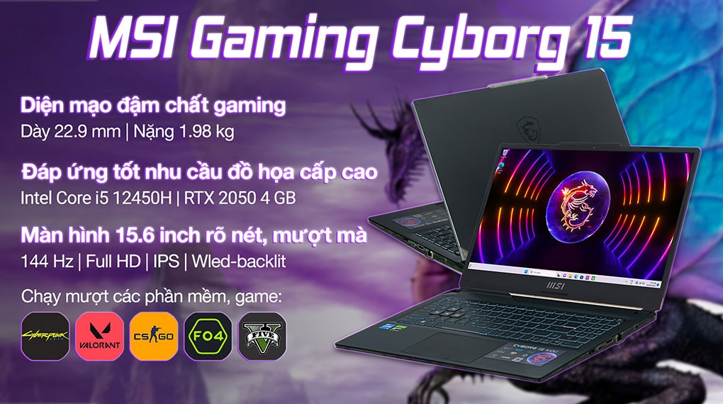 Laptop MSI Gaming Cyborg 15 A12UCX i5 12450H/8GB/512GB/4GB RTX2050/144Hz/Balo/Win11 (281VN)
