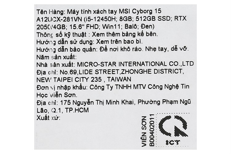 Laptop MSI Gaming Cyborg 15 A12UCX i5 12450H/8GB/512GB/4GB RTX2050/144Hz/Balo/Win11 (281VN) Màu Đen