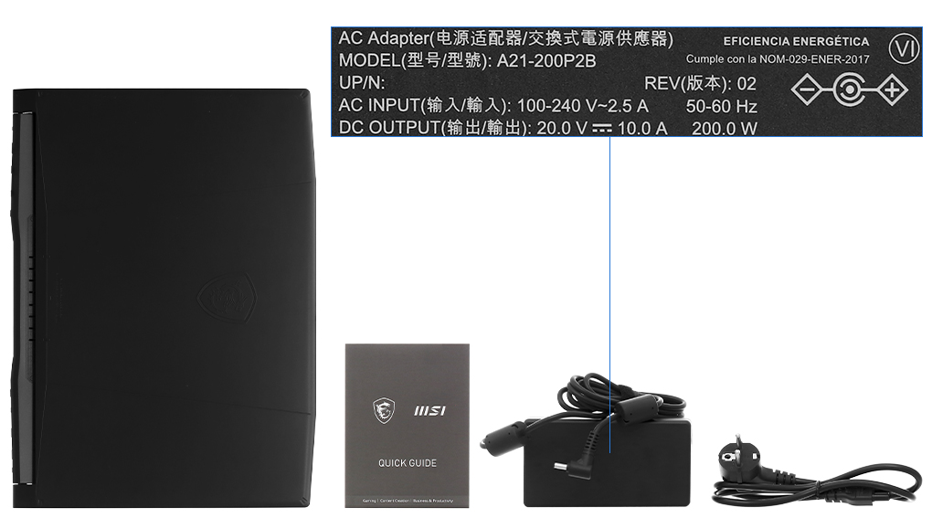 Bộ sản phẩm gồm: Thùng máy, Sạc Laptop MSI ( 200W ), Balo, Sách hướng dẫn