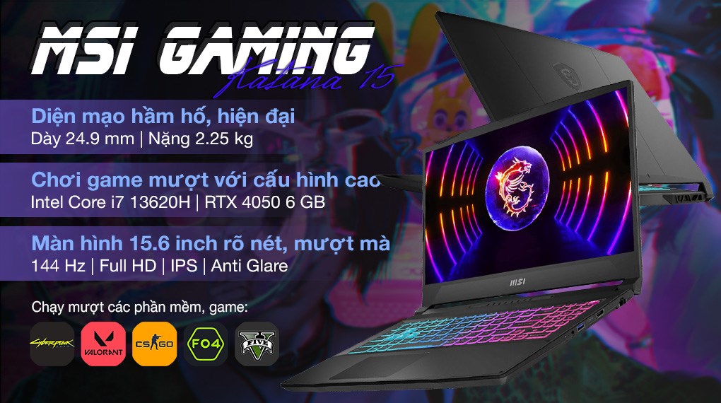 Laptop MSI Gaming Katana 15 B13VEK i7 13620H/8GB/512GB/6GB RTX4050/144Hz/Balo/Win11 (252VN) hover