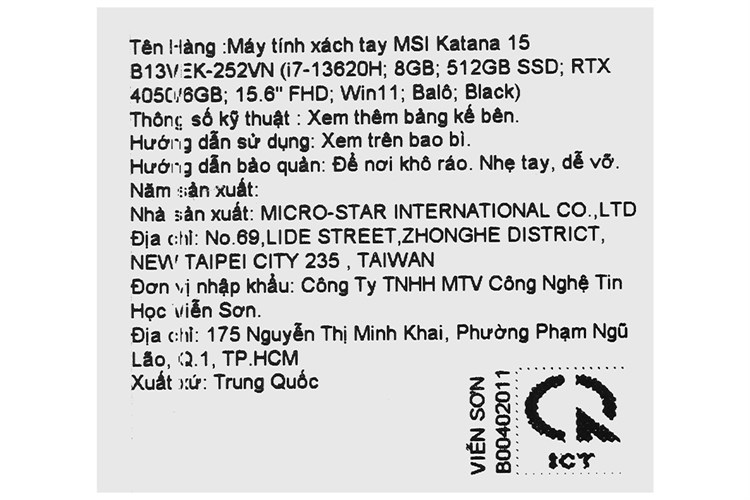 Laptop MSI Gaming Katana 15 B13VEK i7 13620H/8GB/512GB/6GB RTX4050/144Hz/Balo/Win11 (252VN) Màu Đen