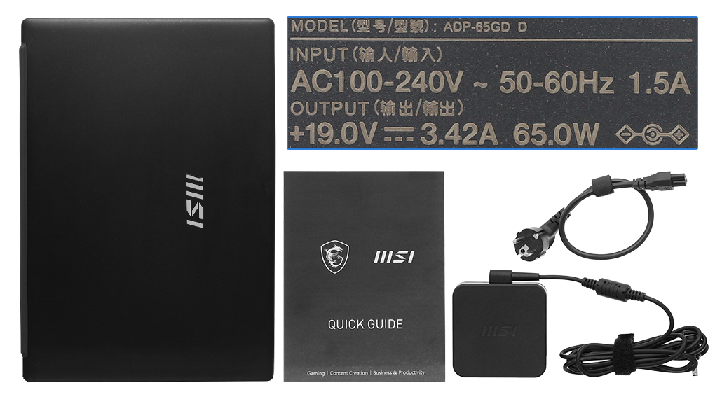 Bộ sản phẩm gồm: Thùng máy, Sạc Laptop MSI ( 65W ), Sách hướng dẫn