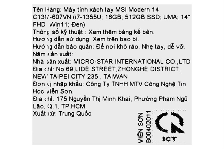 Laptop MSI Modern 14 C13M i7 1355U/16GB/512GB/Win11 (607VN) Màu Đen