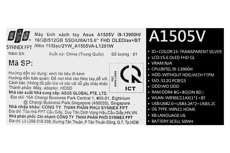 Laptop Asus Vivobook 15 OLED A1505VA i9 13900H/16GB/512GB/Win11 (L1201W) Màu Bạc