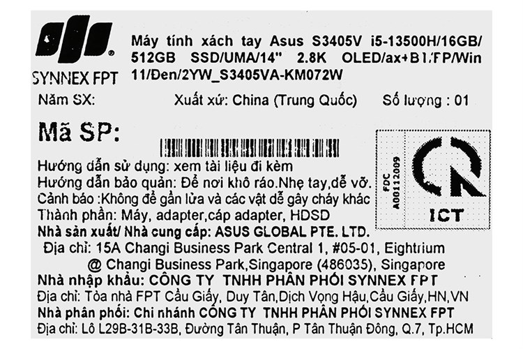 Laptop Asus Vivobook 14X OLED S3405VA i5 13500H/16GB/512GB/Win11 (KM072W) Màu Đen