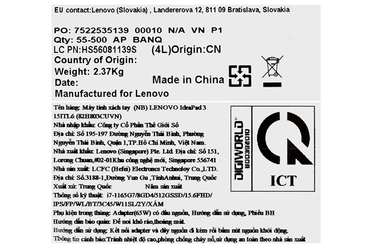 Laptop Lenovo IdeaPad 3 15ITL6 i7 1165G7/8GB/512GB/Win11 (82H803CUVN) Màu Xám