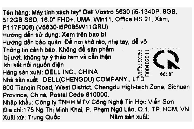 Laptop Dell Vostro 16 5630 i5 1340P/8GB/512GB/OfficeHS/Win11 (i5P085W11GRU) Màu Xám