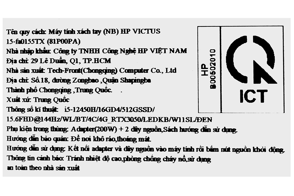 Laptop HP Gaming VICTUS 15 fa0155TX i5 12450H/16GB/512GB/4GB RTX3050/144Hz/Win11 (81P00PA) Màu Đen