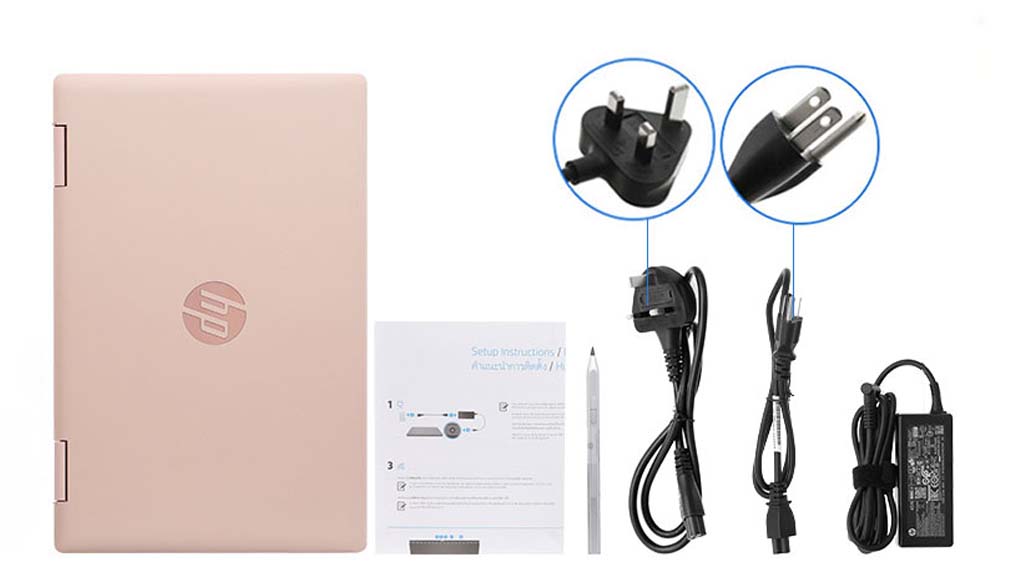 Bộ sản phẩm gồm: Thùng máy, Sạc Laptop HP ( 65W ), Sách hướng dẫn, Bút cảm ứng