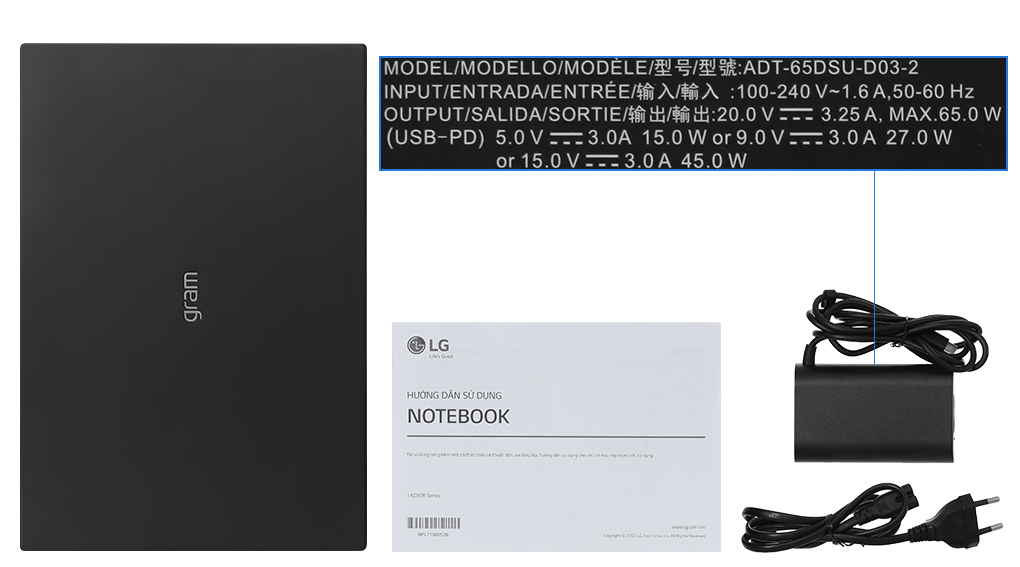 Bộ sản phẩm gồm: Sạc Laptop LG ( 65W ), Thùng máy, Sách hướng dẫn