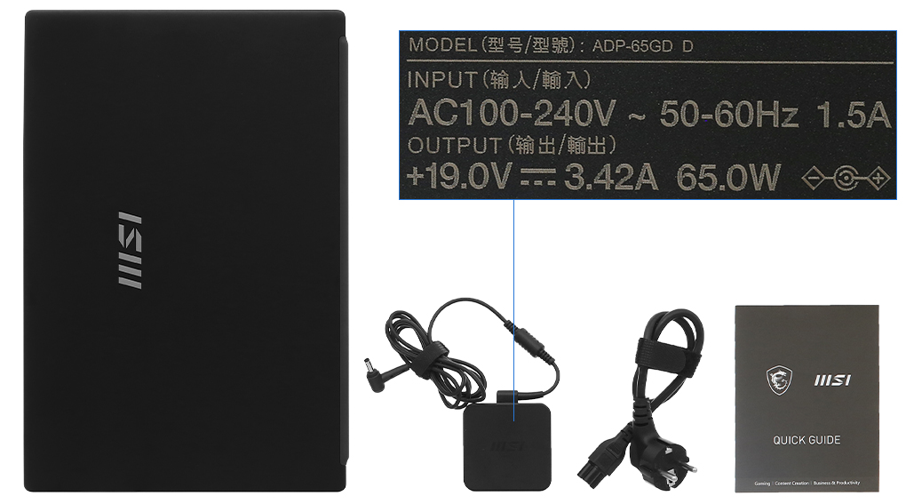 Bộ sản phẩm gồm: Sách hướng dẫn, Thùng máy, Sạc Laptop MSI