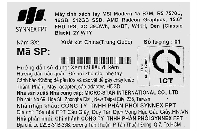 Laptop MSI Modern 15 B7M R5 7530U/16GB/512GB/Win11 (231VN) Màu Đen