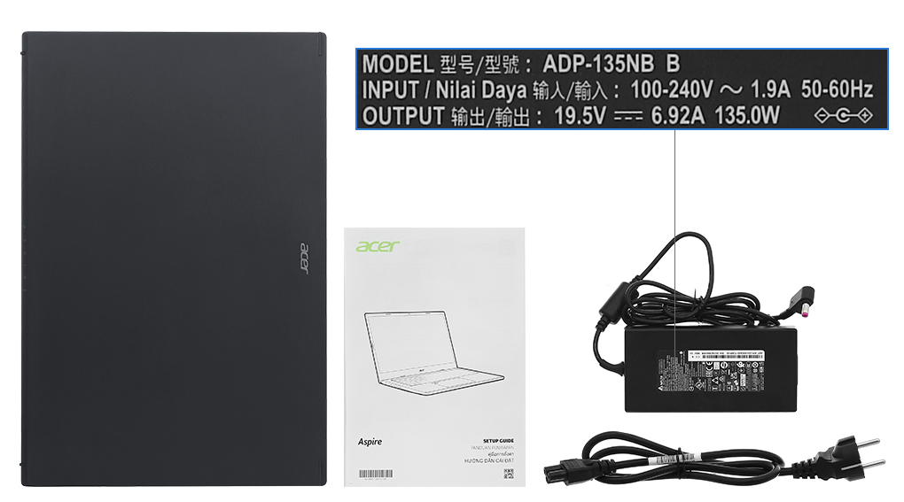 Bộ sản phẩm gồm: Sách hướng dẫn, Thùng máy, Sạc Laptop Acer ( 135W )