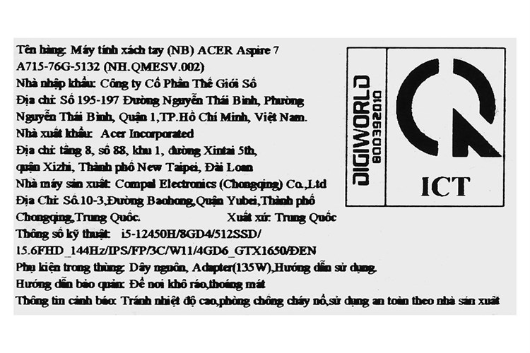 Laptop Acer Aspire 7 Gaming A715 76G 5132 i5 12450H/8GB/512GB/4GB GTX1650/144Hz/Win11 (NH.QMESV.002) Màu Đen