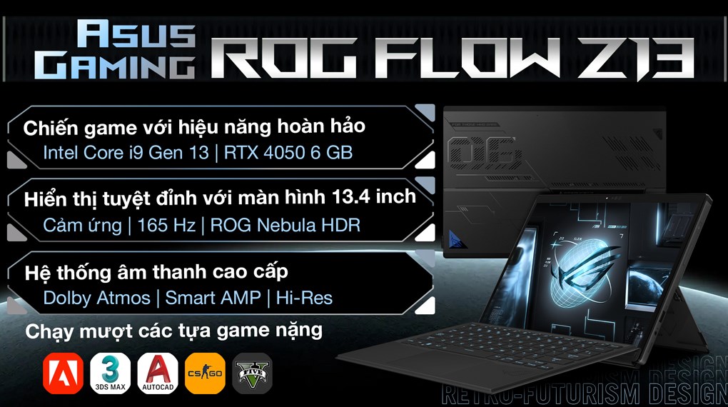 Laptop Asus Gaming ROG Flow Z13 GZ301VU i9 13900H/16GB/1TB/6GB RTX4050/165Hz/Touch/Pen/Túi/Win11 (MU301W)