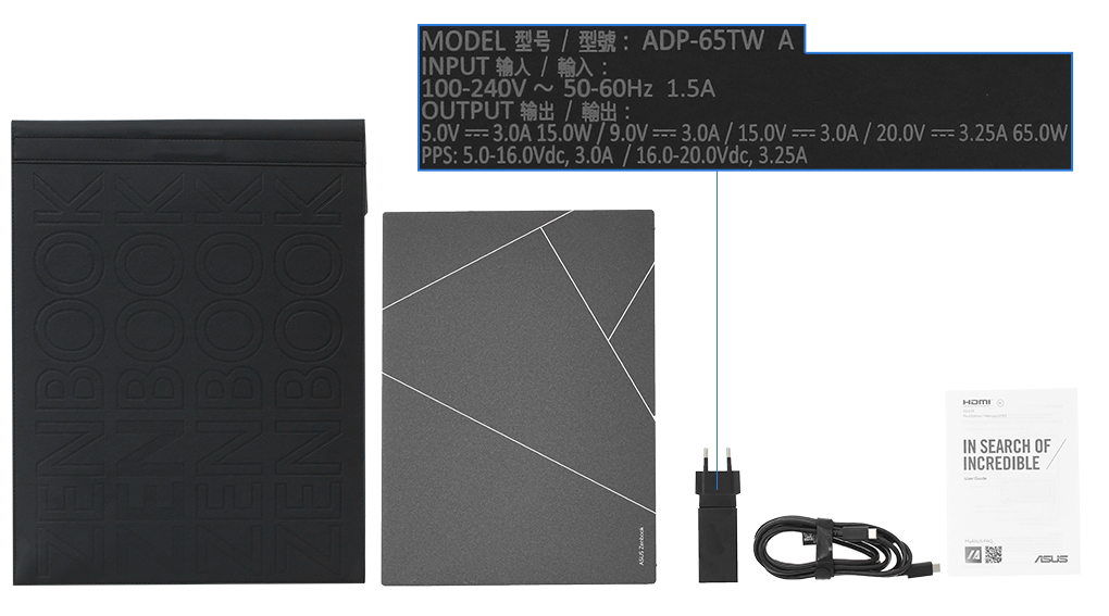 Bộ sản phẩm gồm: Thùng máy, Sạc Laptop Asus ( 65W USB-C ), Bao da ( Túi trong thùng máy ), Sách hướng dẫn