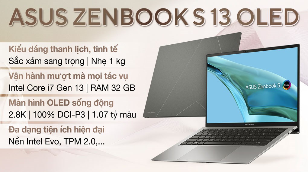 Laptop Asus Zenbook S 13 OLED UX5304VA i7 1355U/32GB/1TB/Túi/Win11 (NQ126W)