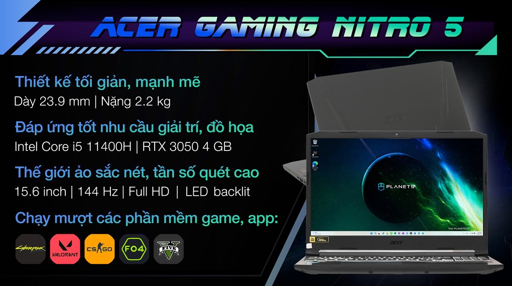 Laptop Acer Gaming Nitro 5 AN515 57 53F9 i5 11400H/8GB/512GB/4GB RTX3050/144Hz/Win11 (NH.QENSV.008) hover