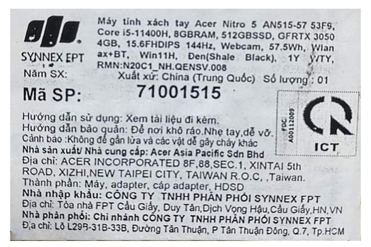 Laptop Acer Gaming Nitro 5 AN515 57 53F9 i5 11400H/8GB/512GB/4GB RTX3050/144Hz/Win11 (NH.QENSV.008) Màu Đen