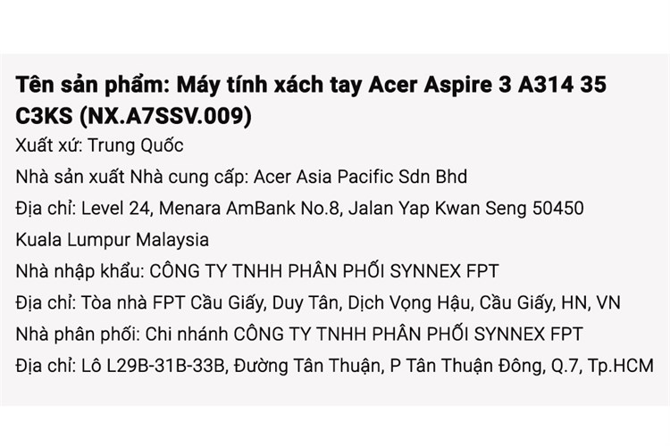 Laptop Acer Aspire 3 A314 35 C3KS N5100/4GB/256GB/Win11 (NX.A7SSV.009) Màu Bạc