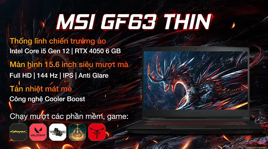 Laptop MSI Gaming GF63 Thin 12VE i5 12450H/8GB/512GB/6GB RTX4050/144Hz/Win11 (460VN)
