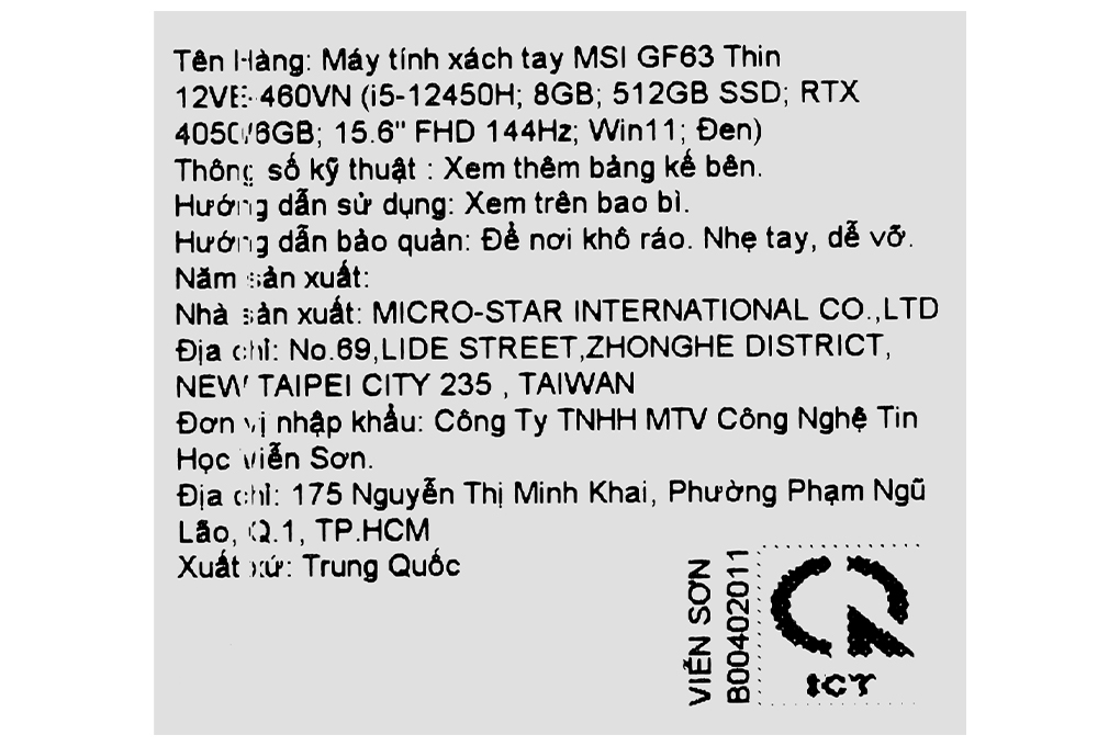 Laptop MSI Gaming GF63 Thin 12VE - 460VN (i5 12450H, 8GB, 512GB, RTX 4050 6GB, Full HD 144Hz, Win11) Màu Đen