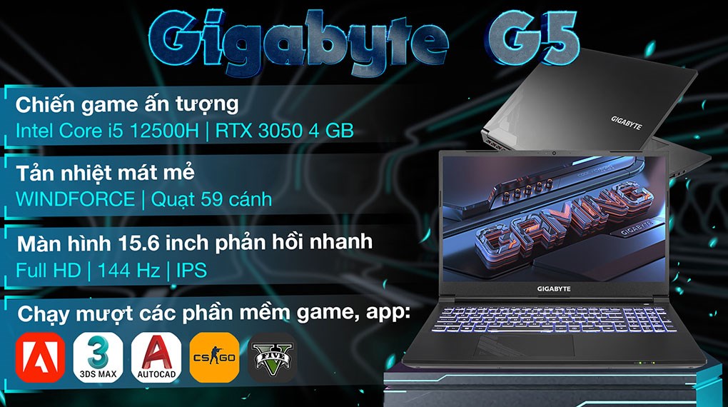 Laptop Gigabyte Gaming G5 i5 12500H/8GB/512GB/4GB RTX3050/144Hz/Win11 (GE-51VN263SH) hover