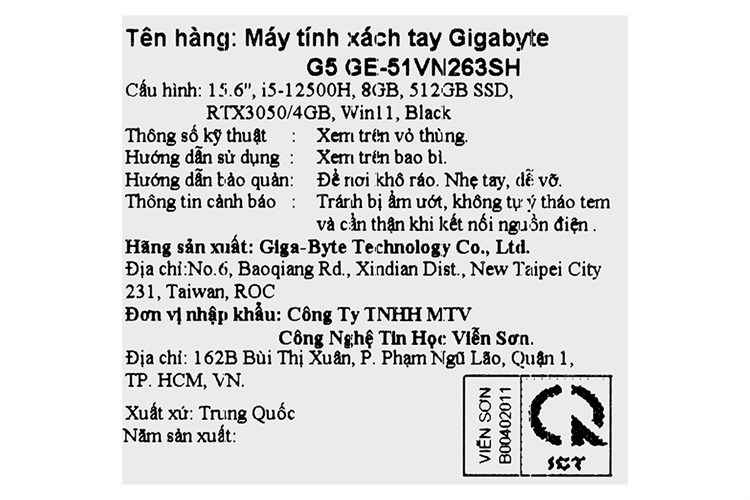 Laptop Gigabyte Gaming G5 i5 12500H/8GB/512GB/4GB RTX3050/144Hz/Win11 (GE-51VN263SH) Màu Đen