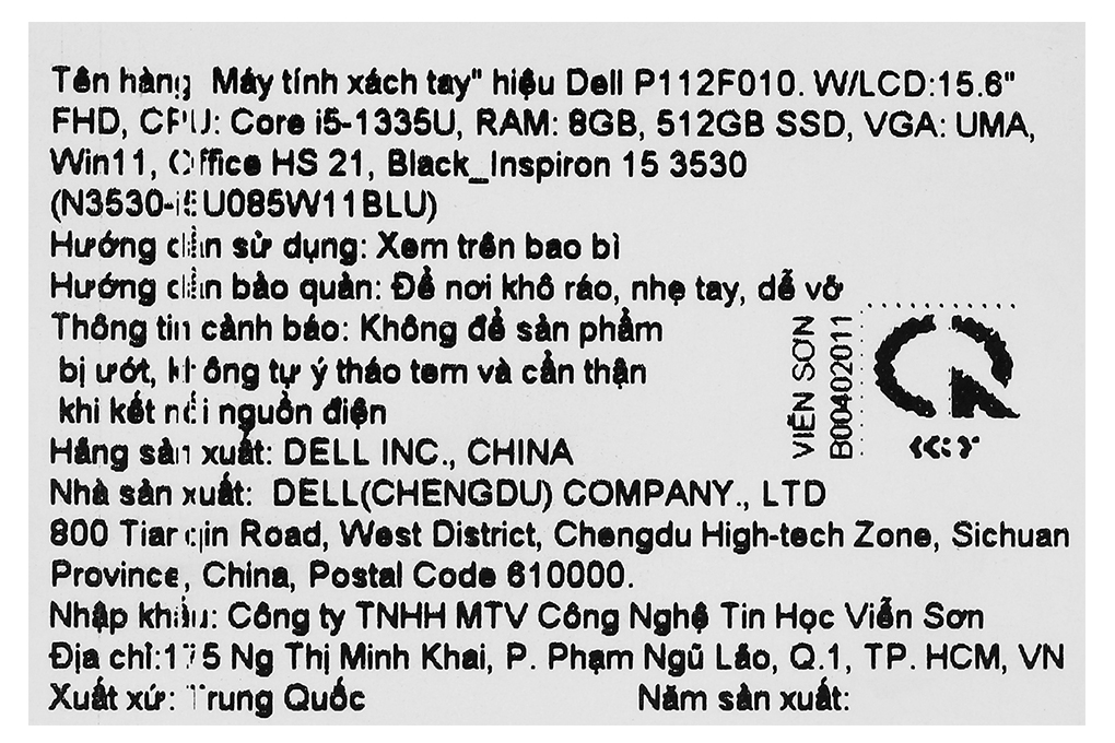 Laptop Dell Inspiron 3530 - N3530-i5U085W11BLU (i5 1335U, 8GB, 512GB, Full HD 120Hz, OfficeHS, Win11) Màu Đen