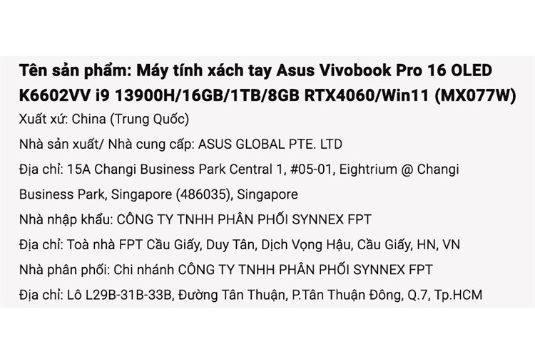 Laptop Asus Vivobook Pro 16 OLED K6602VV i9 13900H/16GB/1TB/8GB RTX4060/Win11 (MX077W) Màu Bạc