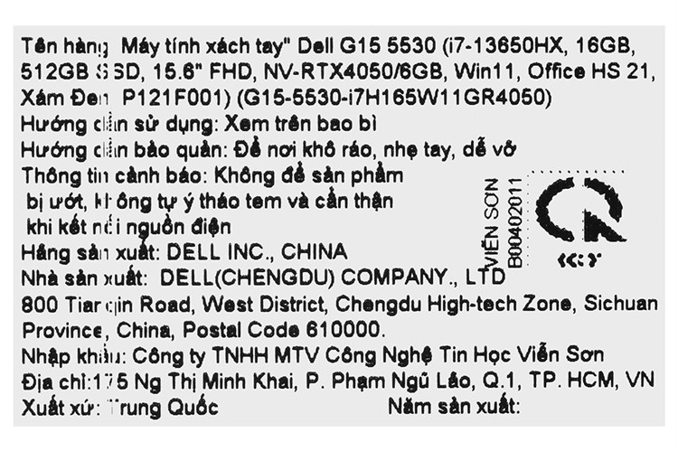 Laptop Dell Gaming G15 5530 i7 13650HX/16GB/512GB/6GB RTX4050/165Hz/OfficeHS/Win11 (i7H165W11GR4050) Màu Xám