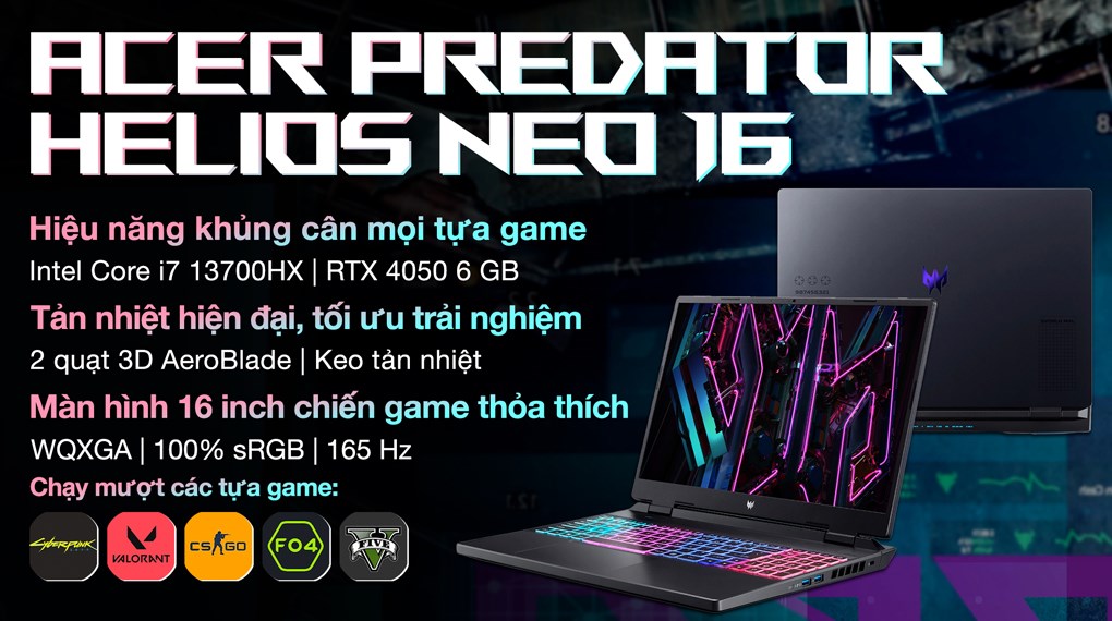 Laptop Acer Gaming Predator Helios Neo 16 PHN16 71 7460 i7 13700HX/8GB/512GB/6GB RTX4050/165Hz/Win11 (NH.QLTSV.004) hover