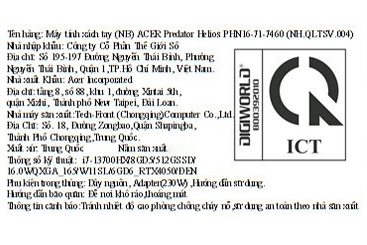 Laptop Acer Gaming Predator Helios Neo 16 PHN16 71 7460 i7 13700HX/8GB/512GB/6GB RTX4050/165Hz/Win11 (NH.QLTSV.004) Màu Đen
