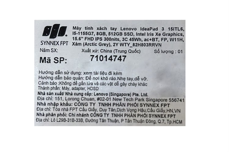 Laptop Lenovo Ideapad 3 15ITL6 i5 1155G7/8GB/512GB/Win11 (82H803RRVN) Màu Xám