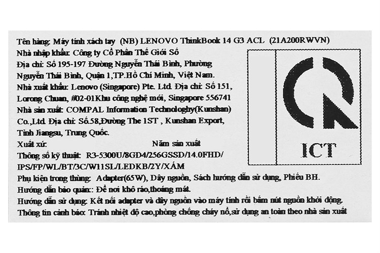 Laptop Lenovo ThinkBook 14 G3 ACL R3 5300U/8GB/256GB/Win11 (21A200RWVN) Màu Xám