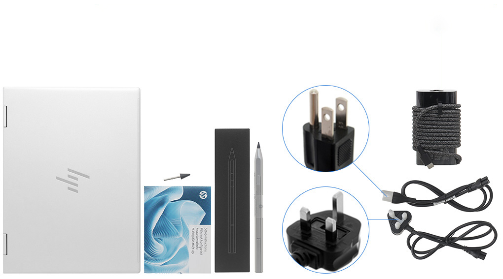 Bộ sản phẩm gồm: Thùng máy, Sạc Laptop HP ( 65W USB-C ), Sách hướng dẫn, Bút cảm ứng